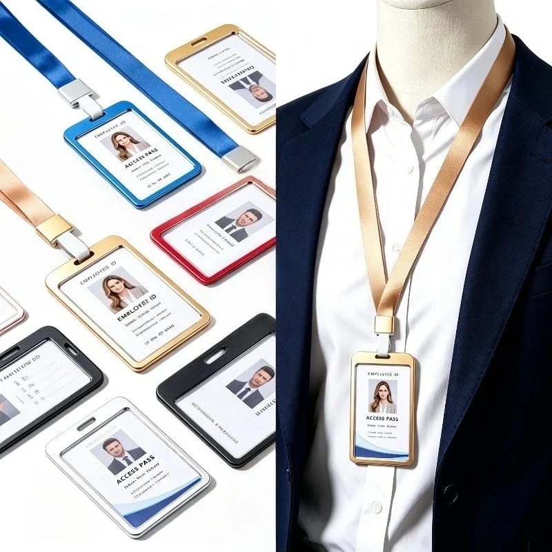 Metal Name ID Card Holder Working Permit Case Pass Work Card Cover Sleeve Badge Holder Tag Lanyard Neck Strap Office Supplies