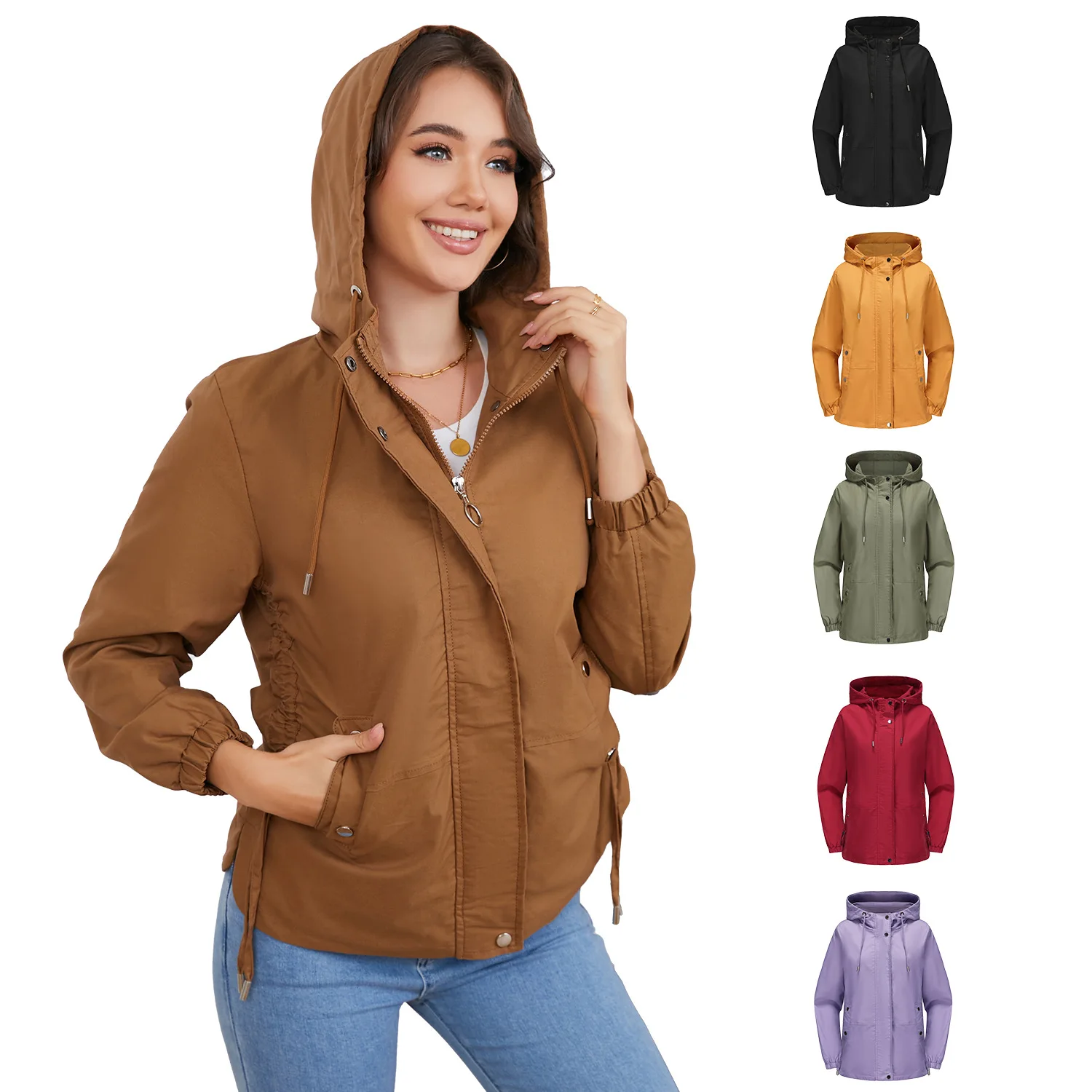 

Women's Casual Comfortable Loose Versatile Solid Color Elegant Lightweight Windproof Hooded Long Sleeve Trench Coat Outerwear