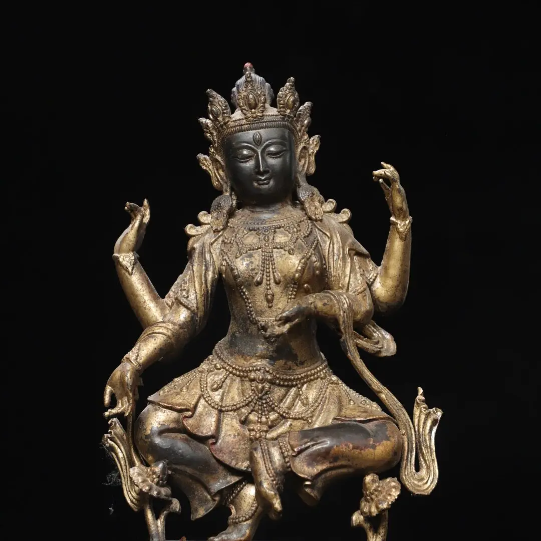 Tibetan Four Arms Tara Bodhisattva Statue Pure Brass Carved Home Altar Desk Decoration