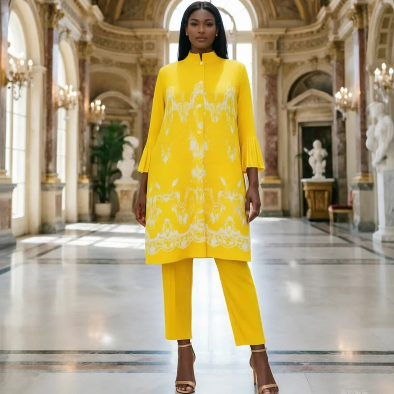 

Miyake Pleated African Plus Size Women's Clothing 2026 New Printed Long Button Shirt Stretch Straight Casual Pants 2-Piece Set