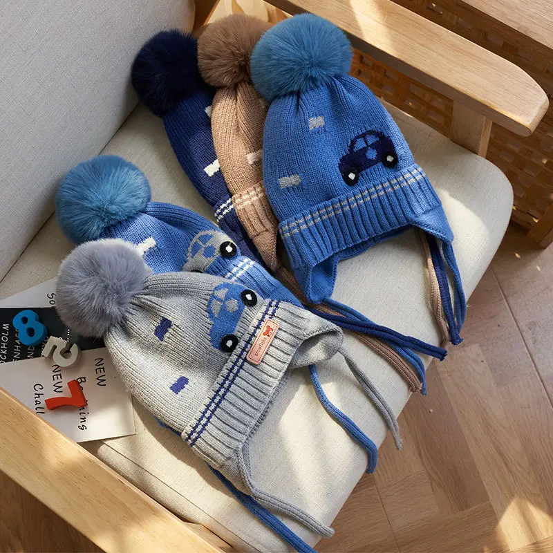 

Cartoon Car Baby Hat with Windproof Rope Pom Pom Boys Knitted Hats Toddler Girls Fleece Bonnet Cap Winter Infant Accessory 1-4Y