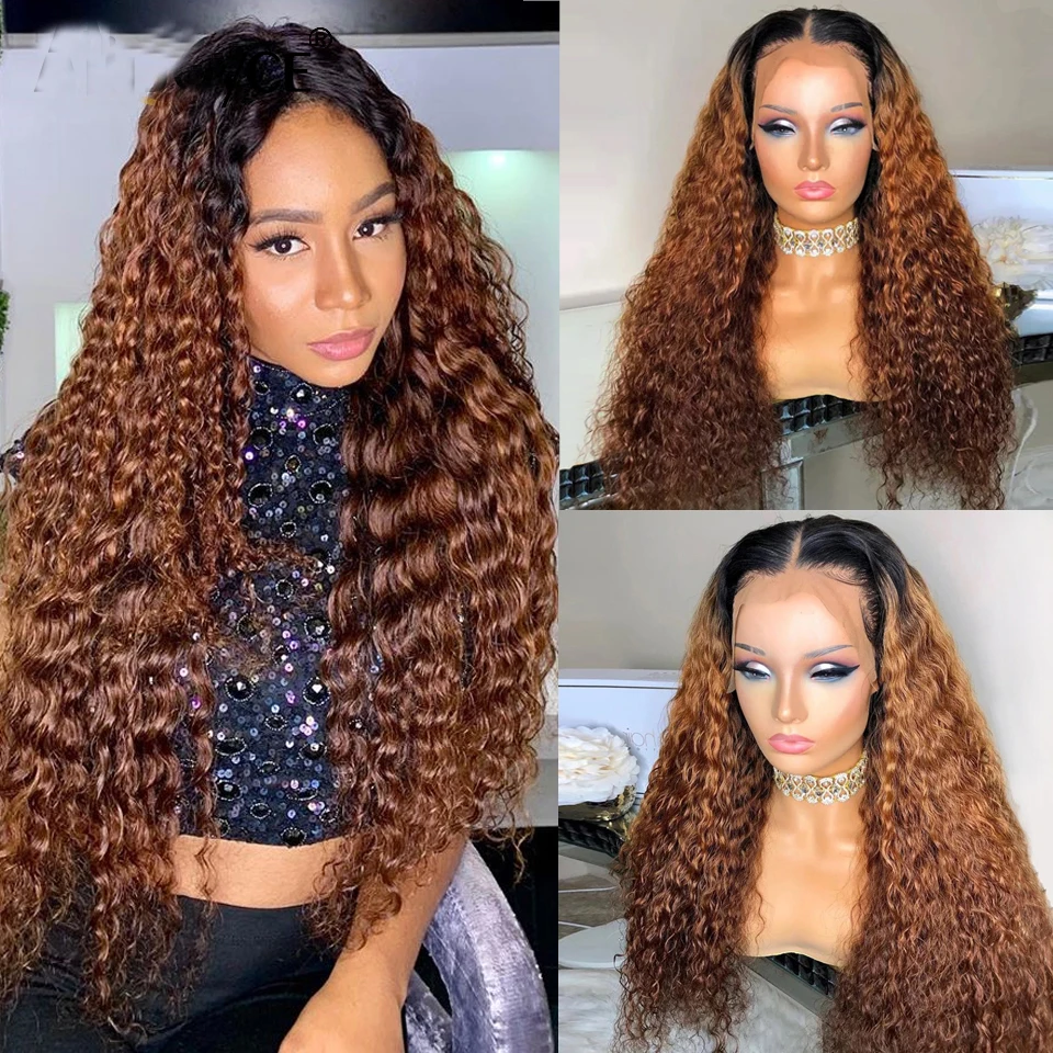 Kleberlose 1B30 Ombre-Braunfarbene, weiche, 26 Zoll lange, verworrene, lockige, synthetische Lace-Front-Perücke mit 180er Dichte für Frauen, für den täglichen Gebrauch bei hohen Temperaturen