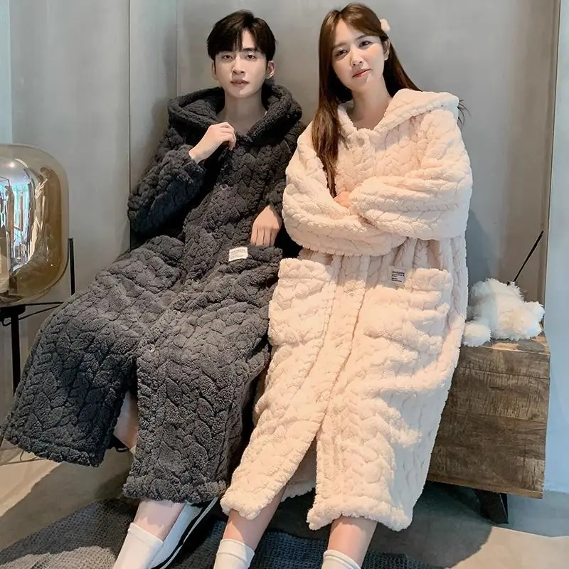 Hooded Robe Men Couple Sleepwear Bathrobe Fleece Winter Night Wears Warm Pajama One Piece Nightgown Solid Pocket Homewear 2024