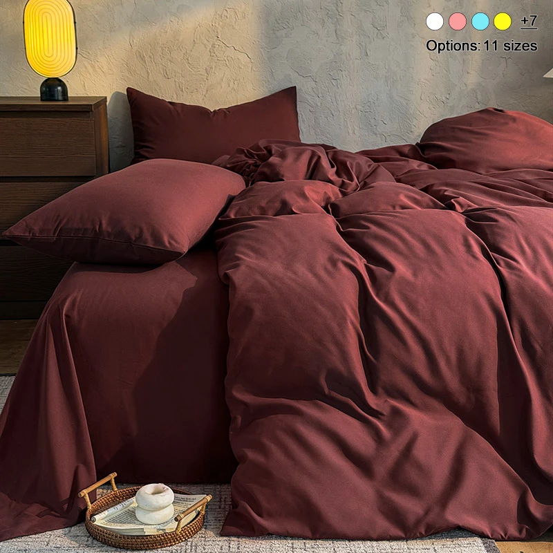 Solid Burgundy Bedding Set, 1 Duvet Cover 1 Flat Sheet 2 Pillowcases, Soft Breathable Wrinkle‑Friendly Bed Linen Set Decor