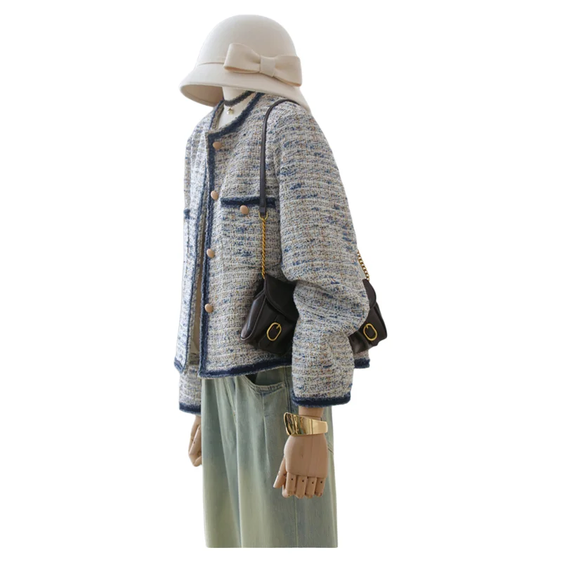 

Women's Short Tweed Jacket Blue Beige Bouclé Coat with Gold Buttons & Contrast Trim Spring Fall Blazer