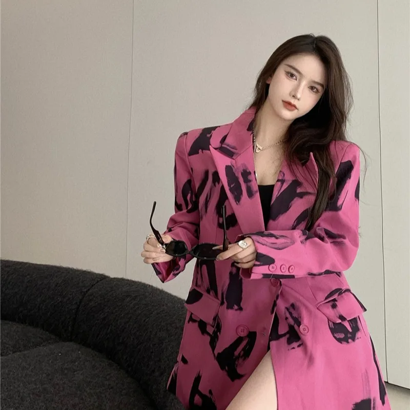 

Retro Rose Red Suit Jacket Women's Clothing Spring Autumn Coats 2022 New Casual Loose Blazers Suits D1585