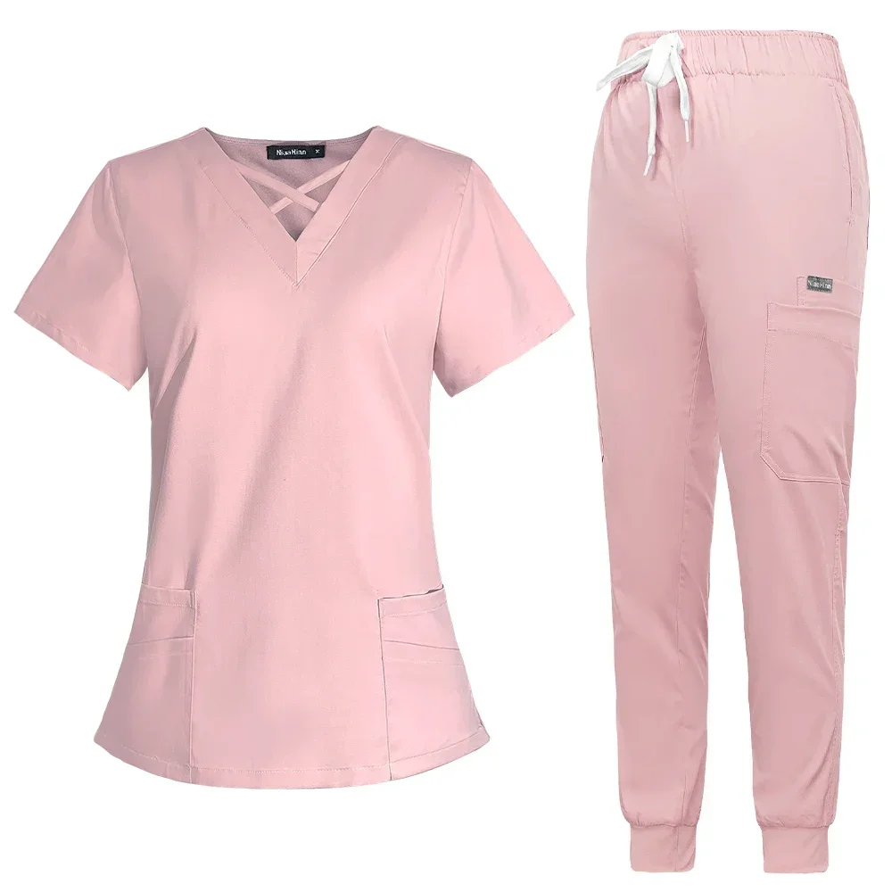 Jogger-Bekleidungsset für Damen, Haustier-Krankenhaus-Uniform, einfarbig, OP-Kittel, mehrere Taschen, V-Ausschnitt