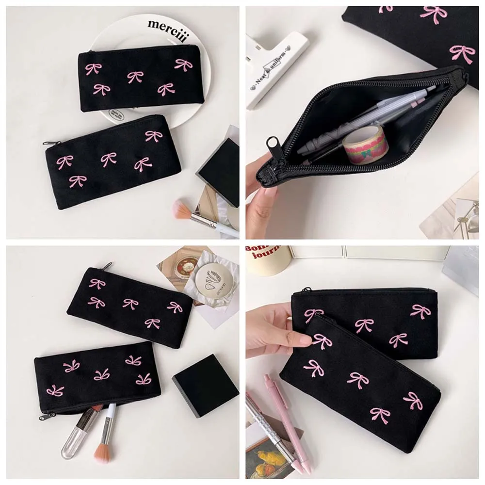 

Bowknot Bow Stationery Bag Desktop Storage Large Capacity Korean Style Pencil Case Black Pink Aesthetic Bow Pencil Pouch