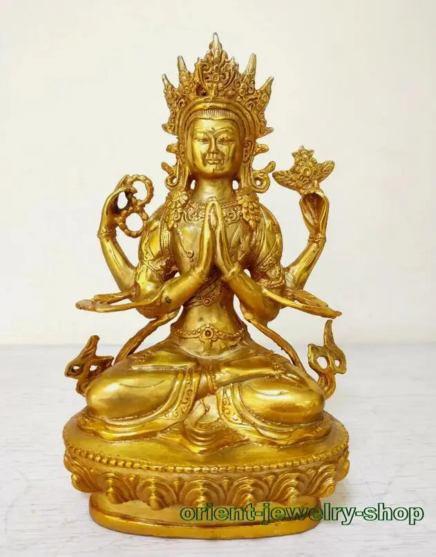 

Amitabha buddhist Ancient Gilt Bronze gilding Buddha Four-armed Guanyin Statues