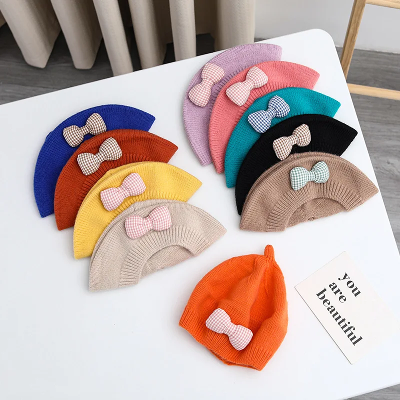 Cute Bow Princess Baby Girl Hat Kids Knitted Beret Hats for Girls Fashion Spring Winter Children Cap Baby Accessories 1-4Y