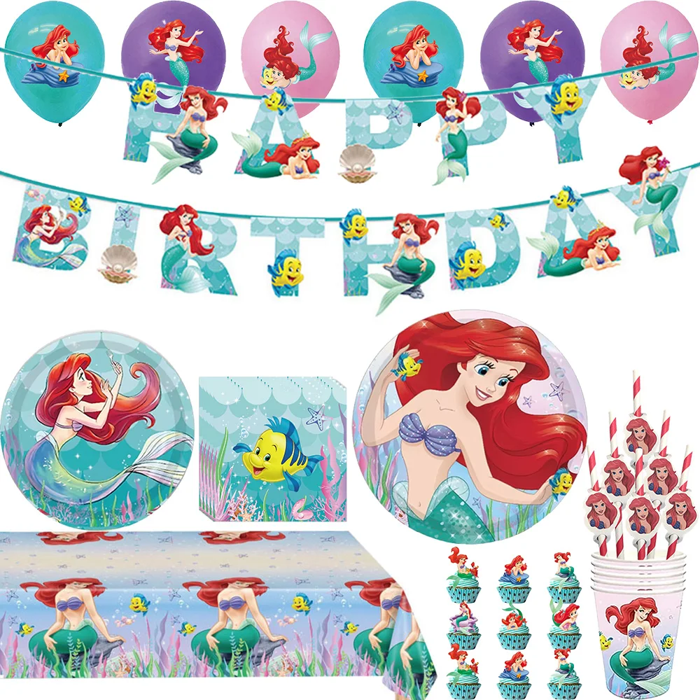 Nouvelle petite sirène fête d'anniversaire Ariel décoration d'anniversaire assiettes de fête jetables nappe ballon en Latex fournitures de réception-cadeau pour bébé