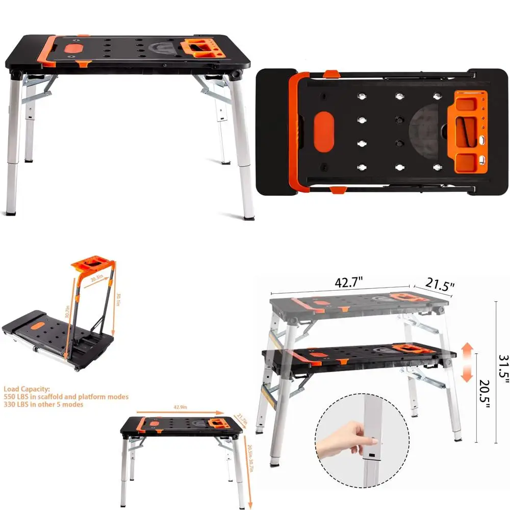 Multifunctional Foldable 7-in-1 Portable Workbench with Wheels - Work Platform, Scaffold, Dolly, Sawhorse, Car Creeper, and More