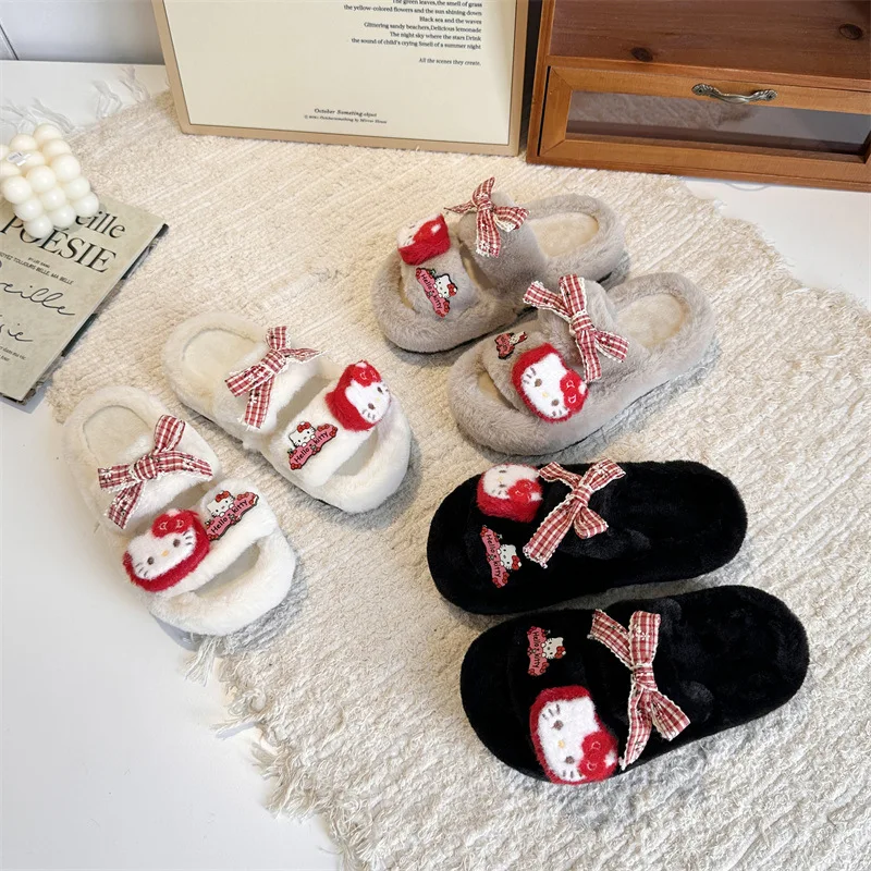 

Kids' Slippers House Shoes Cartoon Hello Kitty Open Toe Winter Shoes For Girls Warm Anti-slip Warm Beige Black Shoes Size 26-37