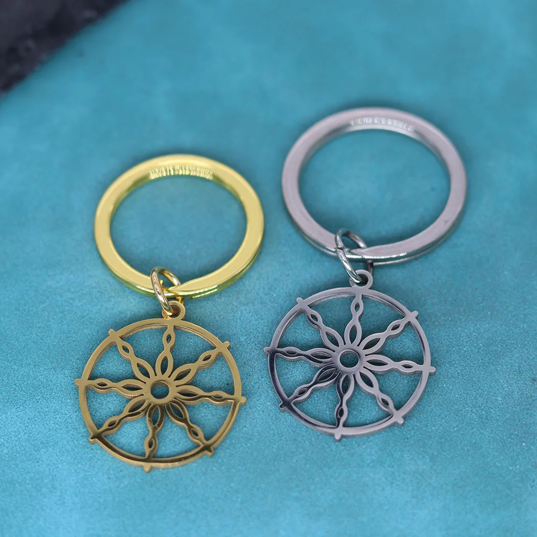 Nedar Dharma Wheel Buddhism Key Chain for Men Women Pendant Yoga Bohemia Keychain Jewelry Stainless Steel Car Bag Keyring Gift