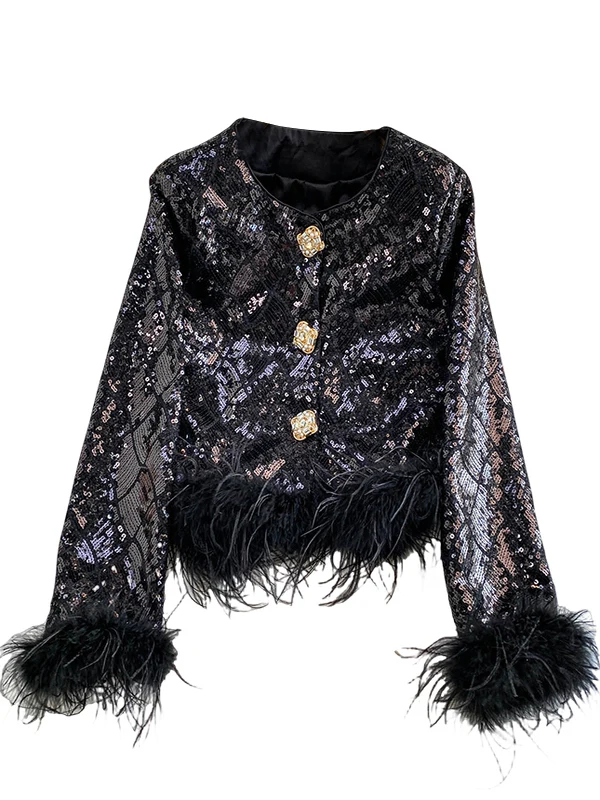   여성용 글리터 패치워크 재킷 독특하고 아름다운 패셔너블한 헤비 엠벨리먼트 메탈 버튼 코트