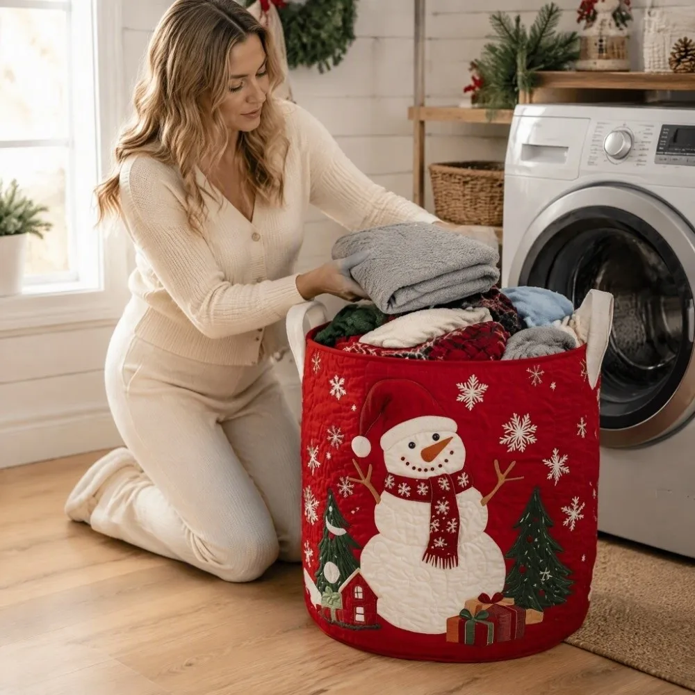 Cute Rectangular Laundry Basket Storage Fabric Laundry Bin Snowmen Design Storage Basket Dorm