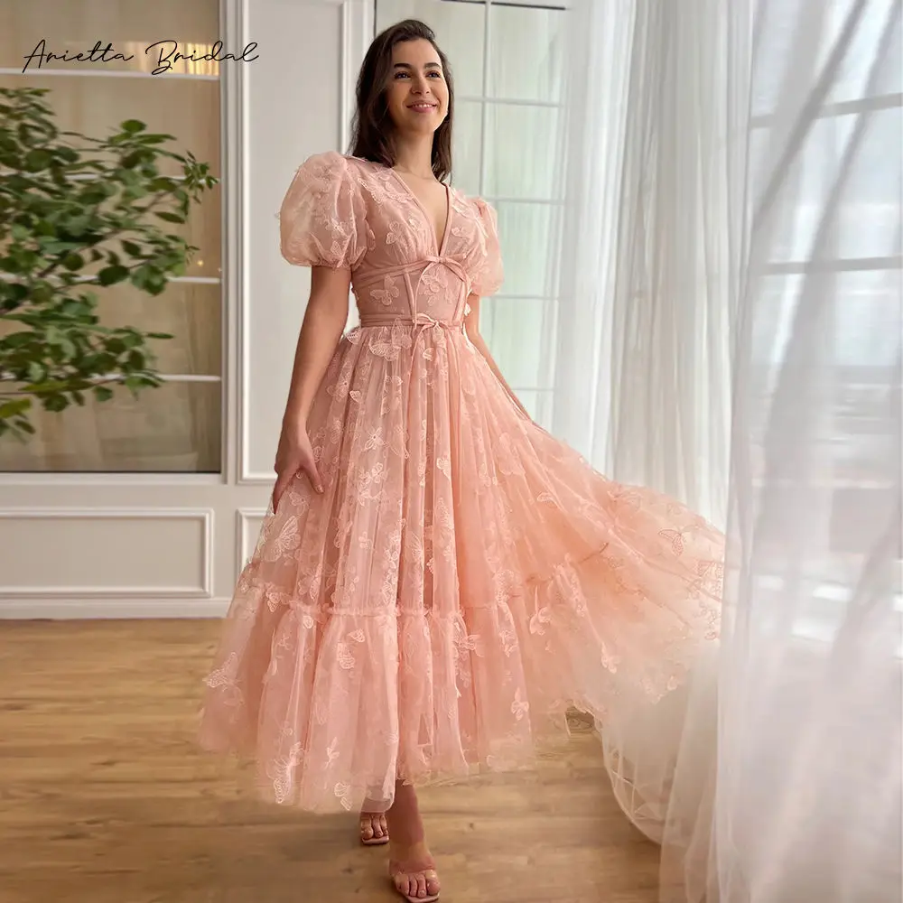 Arietta Peach Butterfly Tulle Midi Prom Dresses V-Neck Short Sleeves Tea-Length Wedding Party Dresses A-Line Formal Gowns