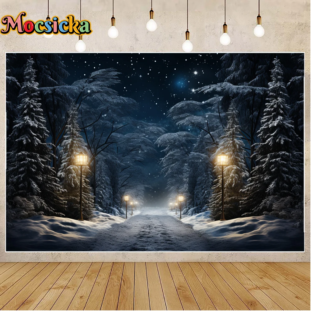 Mocsicka Winter Christmas Photography Background Starry Sky Xmas Tree Holiday Party Family Kids Photo Backdrops Studio