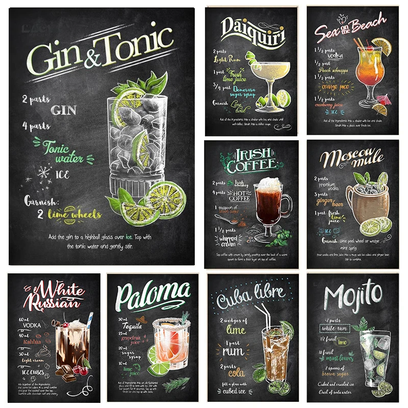 Póster Vintage de bebidas tónicas, pintura en lienzo de Whisky, arte de pared, Martini, Mojito, Bar, cafetería, cocina, decoración del hogar y restaurante