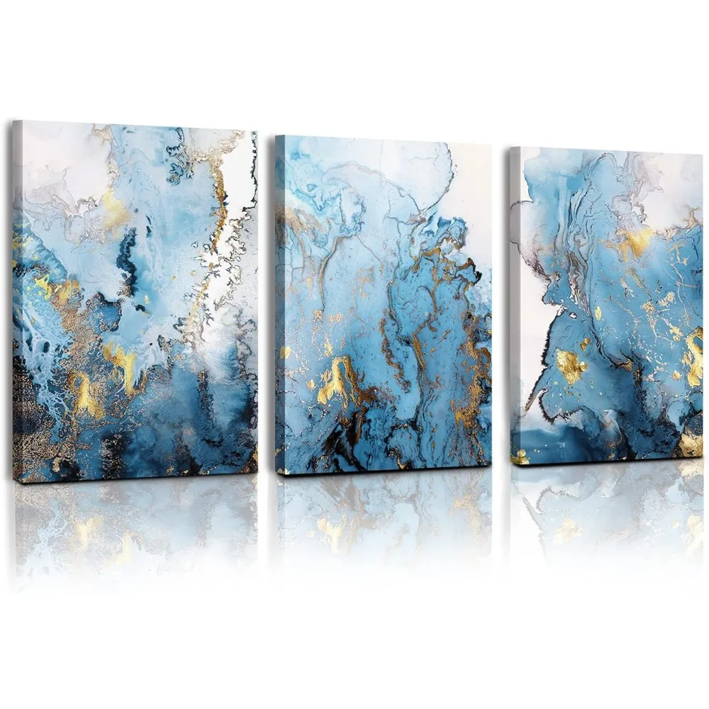 

Abstract Canvas Wall Art for Living Room, Blue Gold Marbling Pictures for Bathroom Wall Decoration, Home Decor for Wall