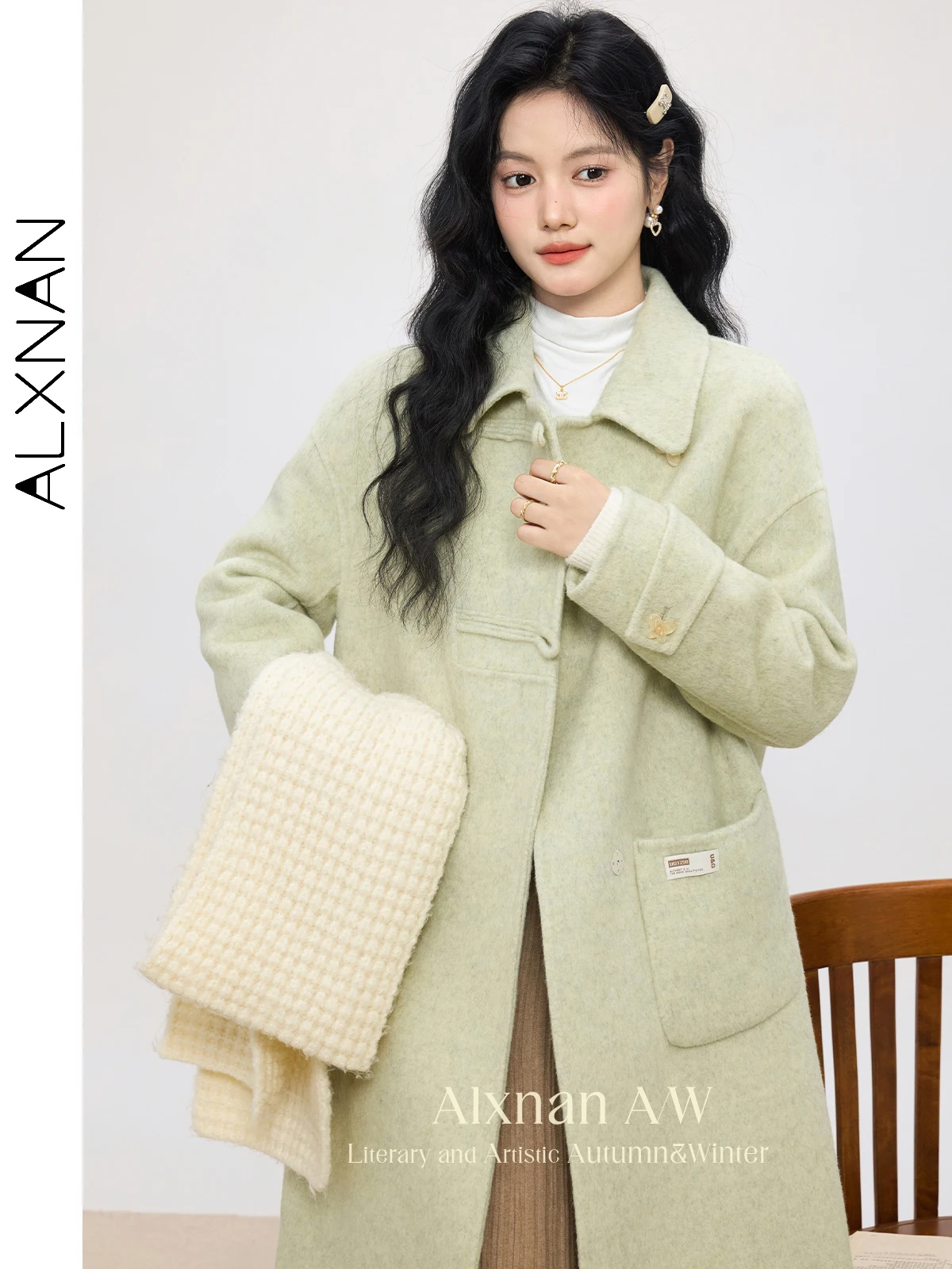 ALXNAN Women's Commuter Woolen Coat Trendy Polo Collar Long Sleeve Butterfly Buttons Coats Fall Winter Straight Outerwear L51511