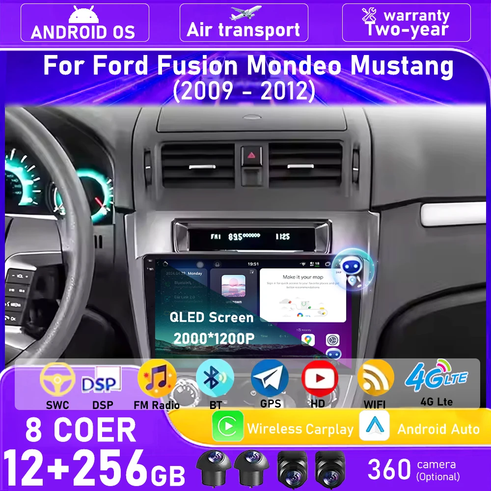 360 كاميرا راديو السيارة مشغل وسائط متعددة لتحديد المواقع والملاحة لفورد فيوجن مونديو موستانج 2009-2012 أندرويد 16 السيارات Carplay 4G BT DSP