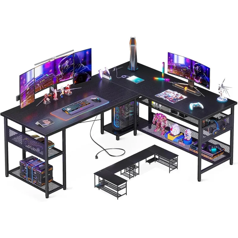 

59/66" L Shaped Desk with Power Outlet and USB Charging Ports, Reversible L Shaped Computer Desk with Storage Shelves,