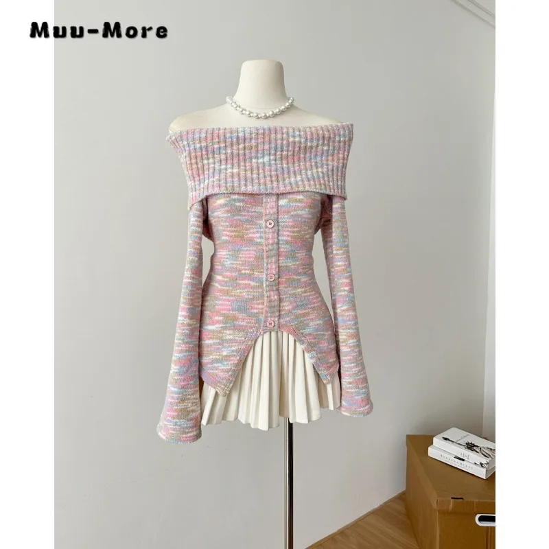 2023 Autumn Winter Hotsweet Casual Slash Neck Knitting Long Sleeve Cardigans Women Rainbow Sheath Single Breasted Sexy Sweater