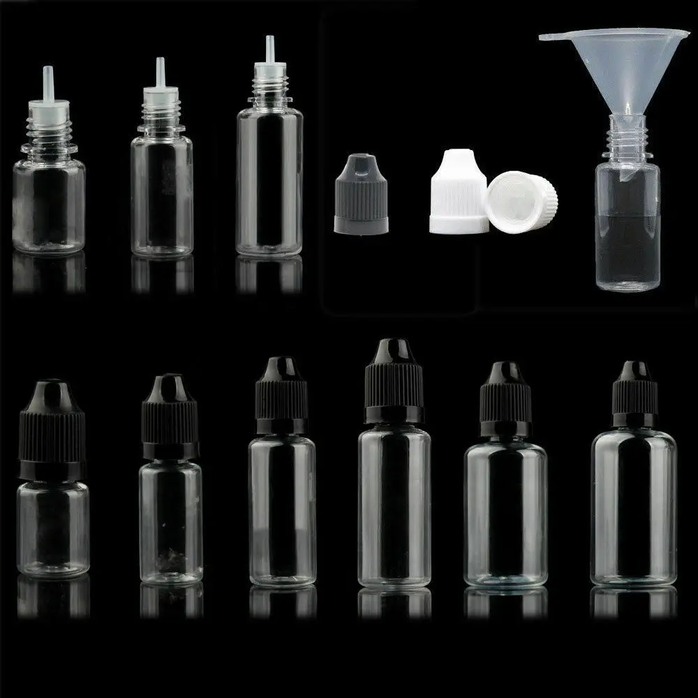 50pcs PET Plastic Empty Dropper Liquid Eye Clear Water Bottle Long Tip Cap + Funnels