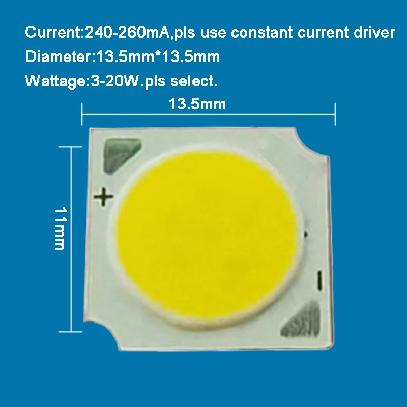 小さなサイズの暖かい白いledのcobライト、正方形のベース、240ma、3w-20w、4000k、13.5mm、5個