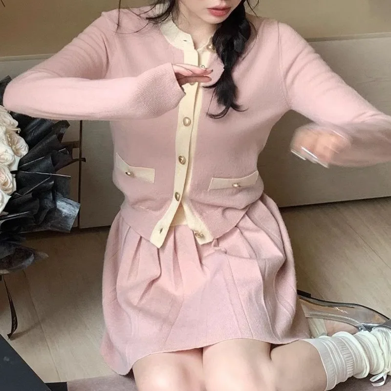 Korea Sweet Girls Retro Knitted Long Sleeve Slim Cardigan Tops and Mini Pleated Skirts Suit Fashion High Street Outfit for Women