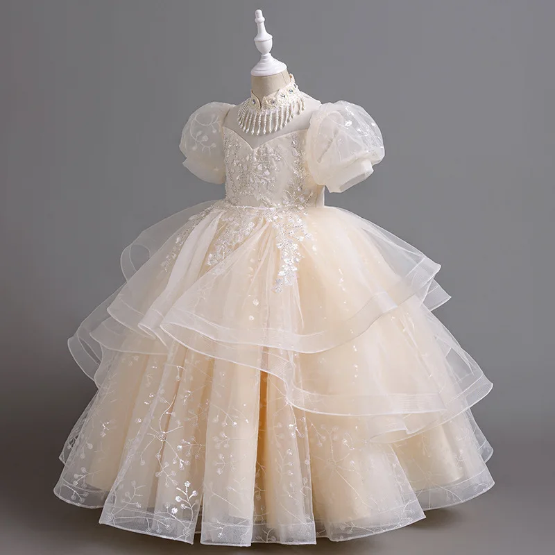 High-end Flower Girls Princess paillettes Wedding Christmas Party Dress elegante manica a sbuffo adolescente bambini bambini garza abiti