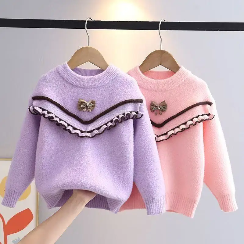 

Korean Version Girls' Sweater Autumn and Winter New Large and Small Clear Butterfly Knot Versatile Pullover Base Sweater Trendy