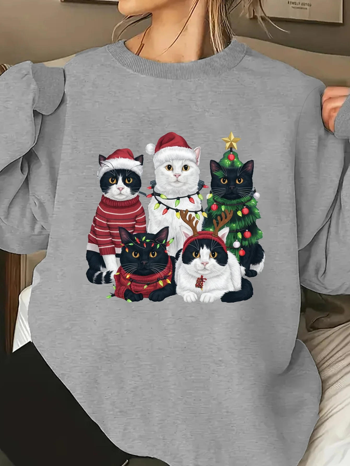 هوديي نسائي للخريف والشتاء بنمط قطة عيد الميلاد مطبوع، ملابس كاجوال عصرية ومريحة برقبة دائرية #3