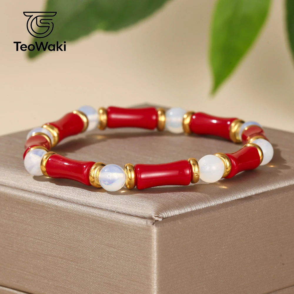 TeoWaki Red Coral Color Glass Bamboo Bracelet Opalite Spacer Beads Chinese Style Daily Jewelry Best Gift For Women Men 18-19cm