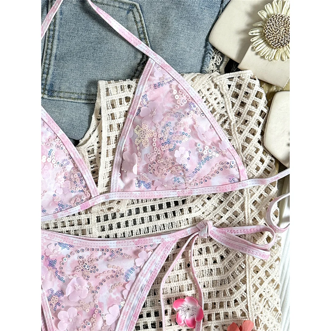 Bedruckter Bikini mit Pailletten, Neckholder-Design, Damen-Badebekleidung, zweiteiliger Bikini, hoher Beinausschnitt, Badeanzug, Badebekleidung, Modell V8237. – Detail 4