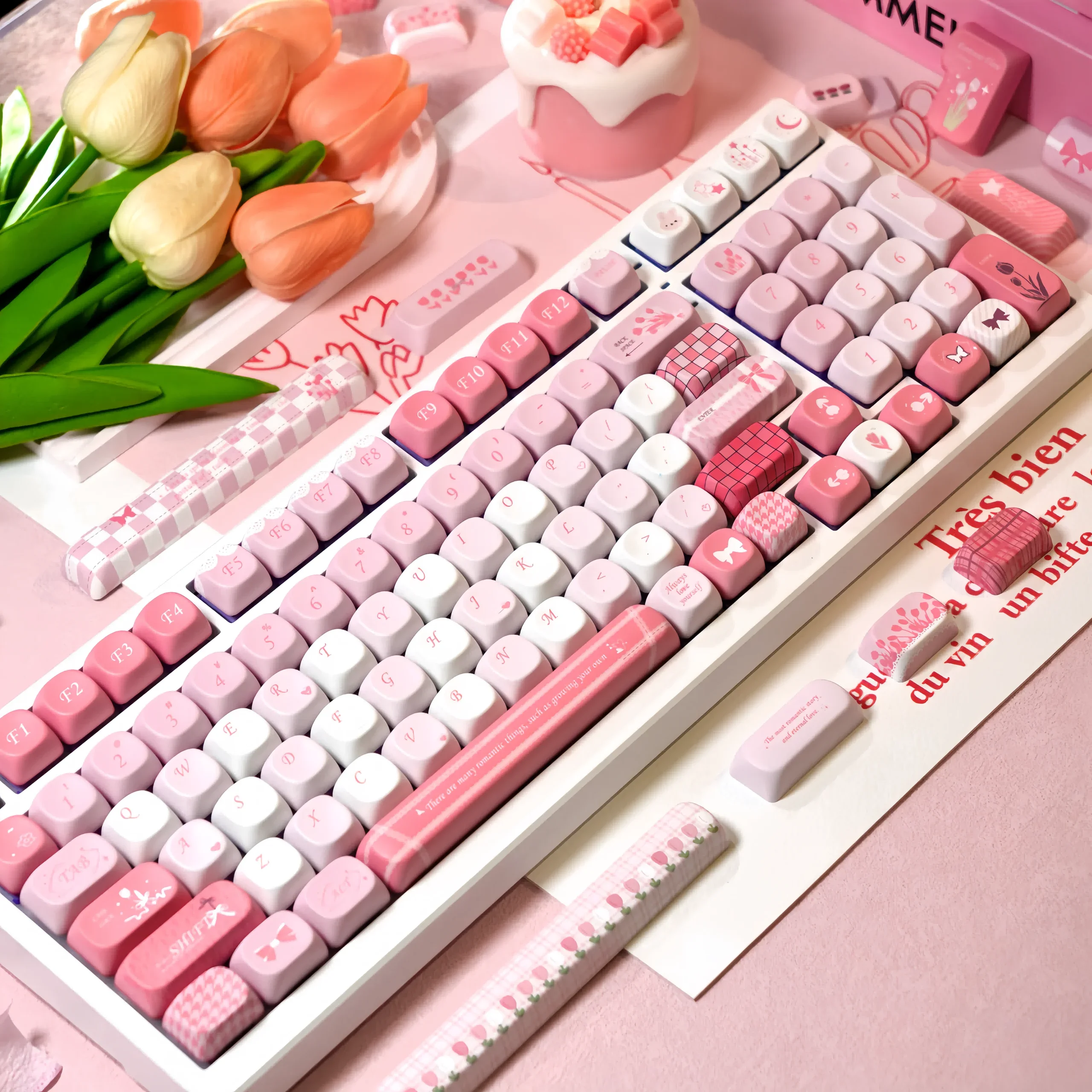 Moa TULIP Keycaps 140 สีชมพูสดขนาดเล็กน่ารักรอบสไตล์ฝรั่งเศสตัวอักษร L ใส่คีย์ 2.25/2.75U Space Bar Alice รูปแบบ Keycaps