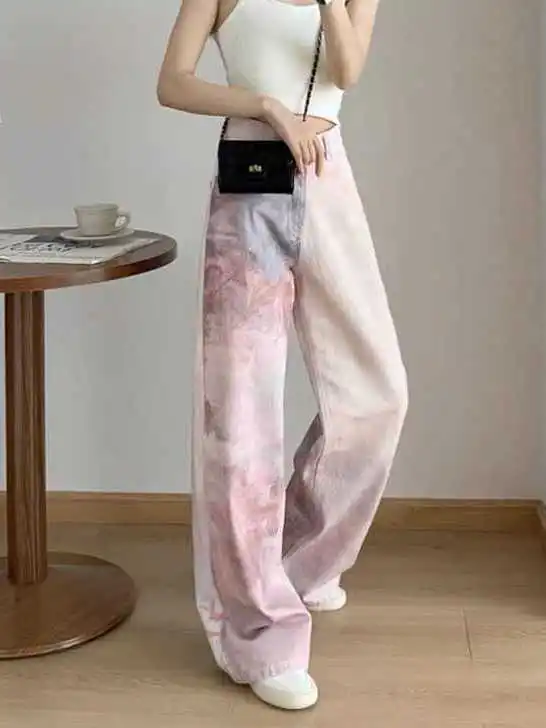 Colorful tie-dye printed jeans for hot girls casual wide-leg floor mopping pants