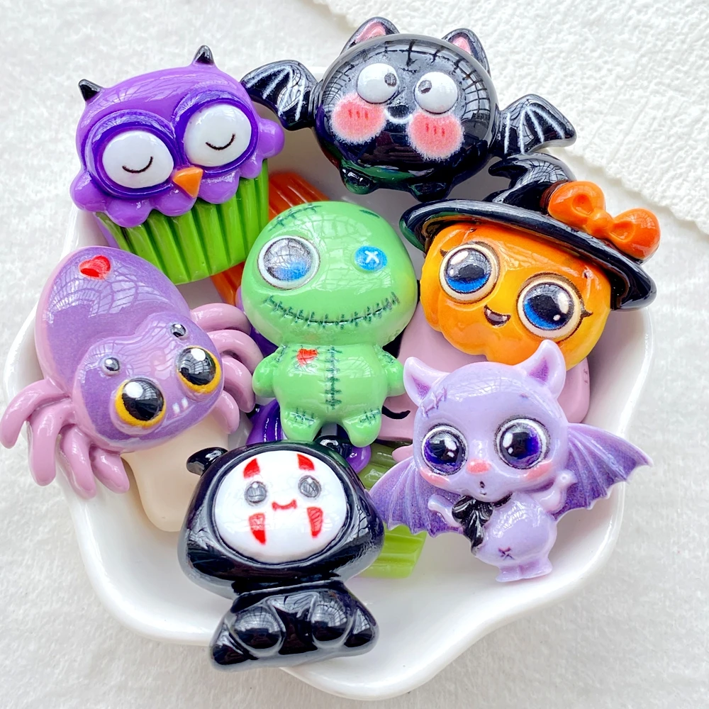 10Pcs Resin Cartoon Halloween Skull, Bat, Green Ghost, Spider, Ghost, For DIY Bow Halloween Decor Scrapbook Crafts