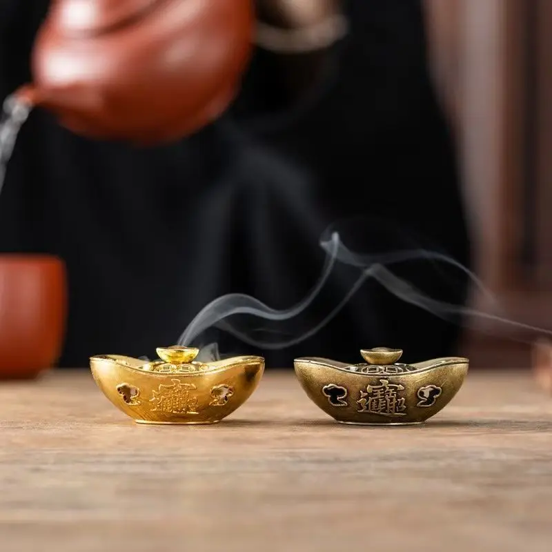 

Gold Ingot Incense Burner Mini Antique Bronze Wealth Symbol Small Desktop Decor for Home Office Good Fortune Gift