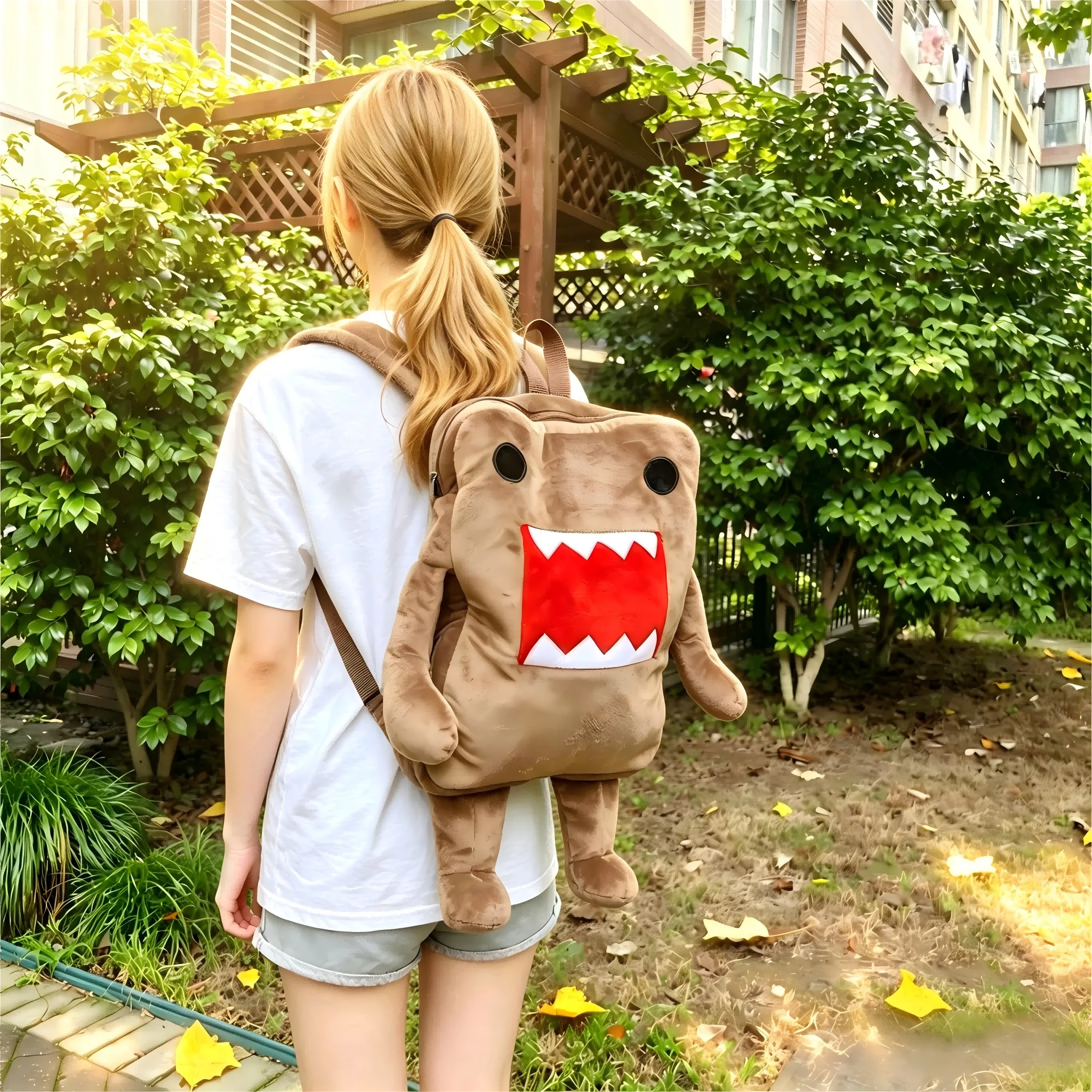 Cute New Domokun Backpack: Cartoon Fuzzy Toy, Cozy Anime-Style Shoulder Bag, Tamoku's Japanese Retro Schoolbag