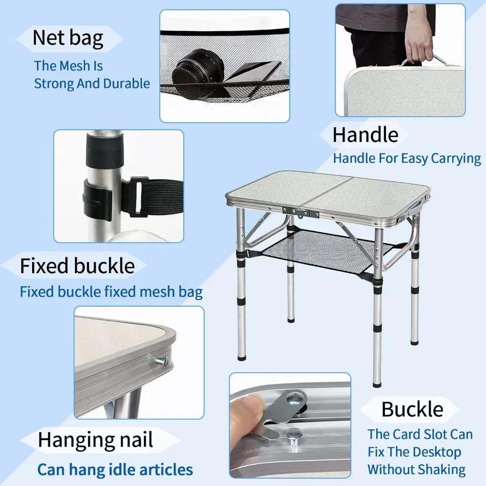Tavolo da campeggio pieghevole portatile in alluminio con altezze regolabili e portaoggetti in rete, tavolo da picnic leggero 24 x 16