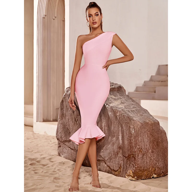 

Bandage Evening Strapless Sloping Shoulder Fishtail New Elegant Short Dress