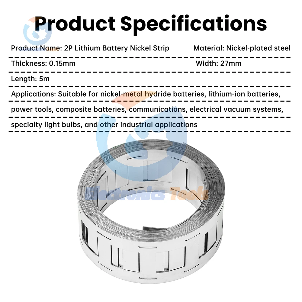 5M Striscia di Nichel 0.15*27mm Connettore Della Batteria Al Litio Placcatura Nichel Foglie 18650 Batteria 2P Kit di Strisce di Acciaio per Saldatura a punti