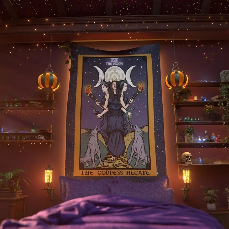 VIKAMA Tarot Mystique Déesse de la Lune Hécate Sorcière Gothique Corbeau Tapisserie Murale en Polyester Chambre Dortoir Salon Art Vibrant Doux et Confortable