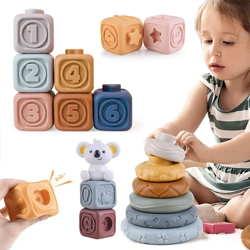 

Baby Silicone Building Blocks Montessori Toys for Babies Squeeze Stacker & Teething Toys Early Learning Toy Toddler Boys Girls