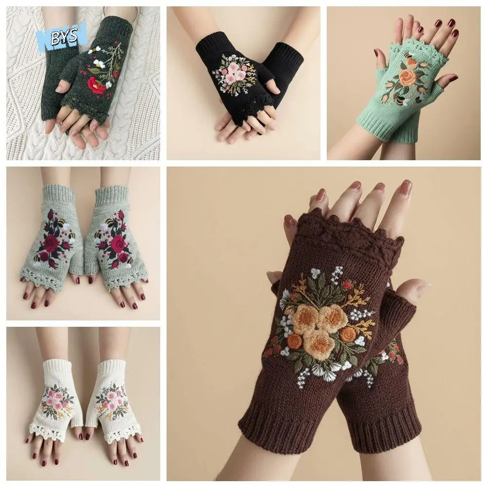

Gift Vintage Embroidery Knitted Gloves Floral Half Finger Fingerless Gloves Warm Thick Crochet Flower Mittens Girls