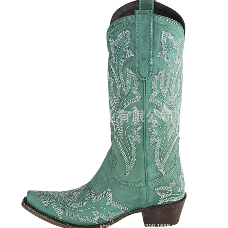 Ladies Boot Classic Embroidered Western Cowboy Boots Women Leather Cowgirl Boots Low Heel Shoes Knee High Woman Boots