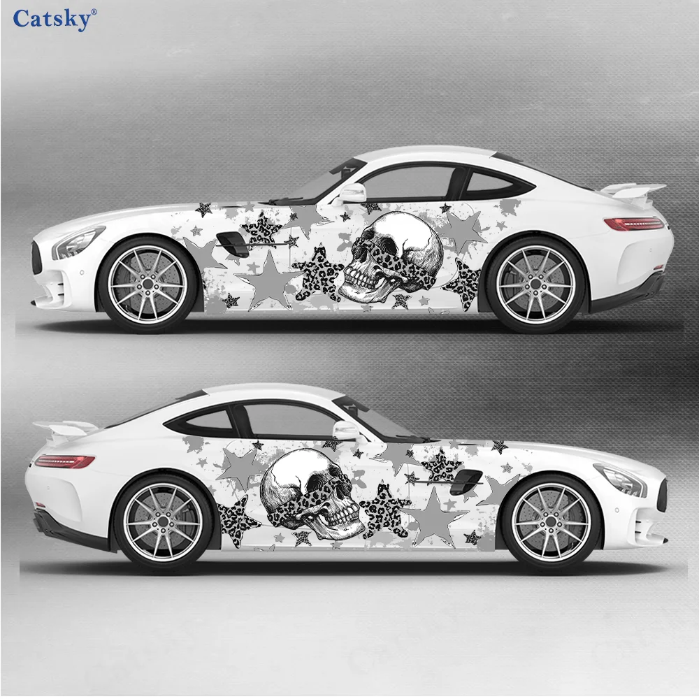 2pcs Starry Leopard Spray Skull Car Side Wraps, Self-Adhesive PVC Waterproof & Scratch-Resistant Stickers, Car Accessory Gift