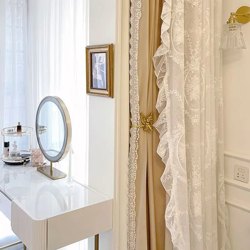 French Princess Wind Curtain Living Room Dining Room Bedroom Beautiful Window Screen Wool Fleece Pearl Lace Light Luxury Custom